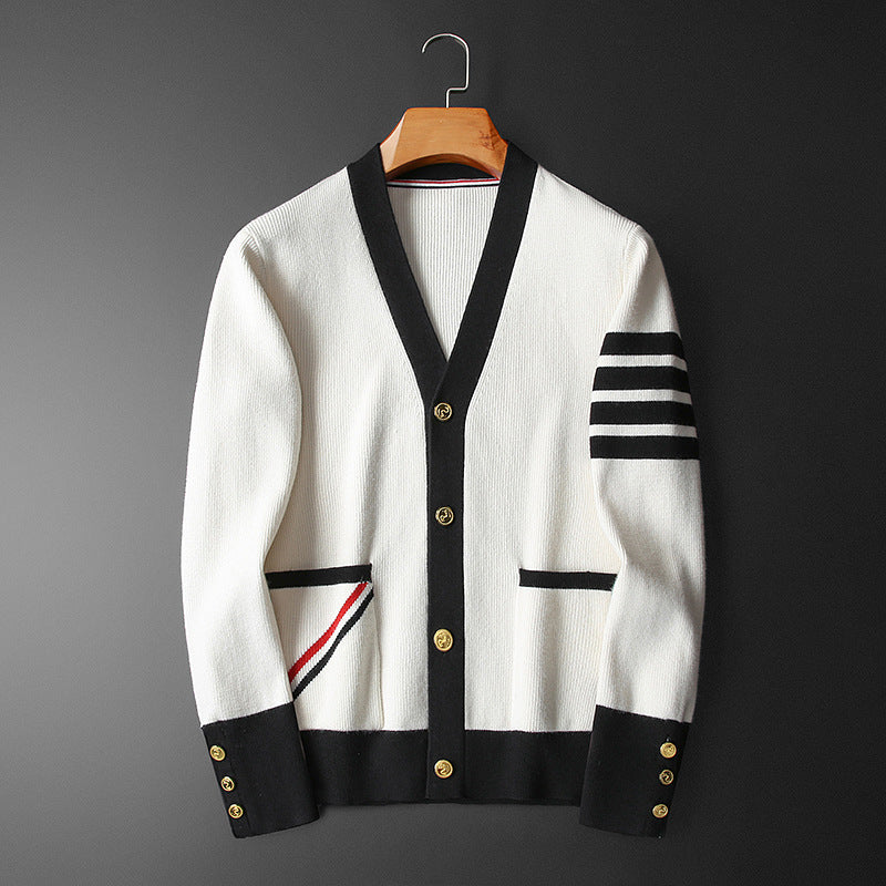 Hans Cardigan Herre Kasjmir – Elegant, Stripete med V-hals, Gullknapper og Praktiske Lommer