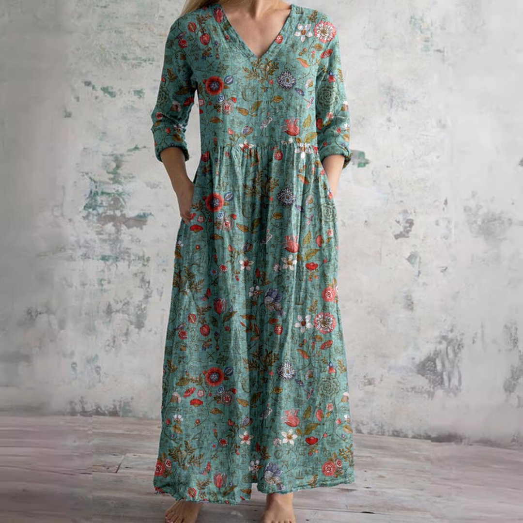 Willa Robe Longue Femme – Elegant blomsterkjole med V-hals og 3/4 ærmer