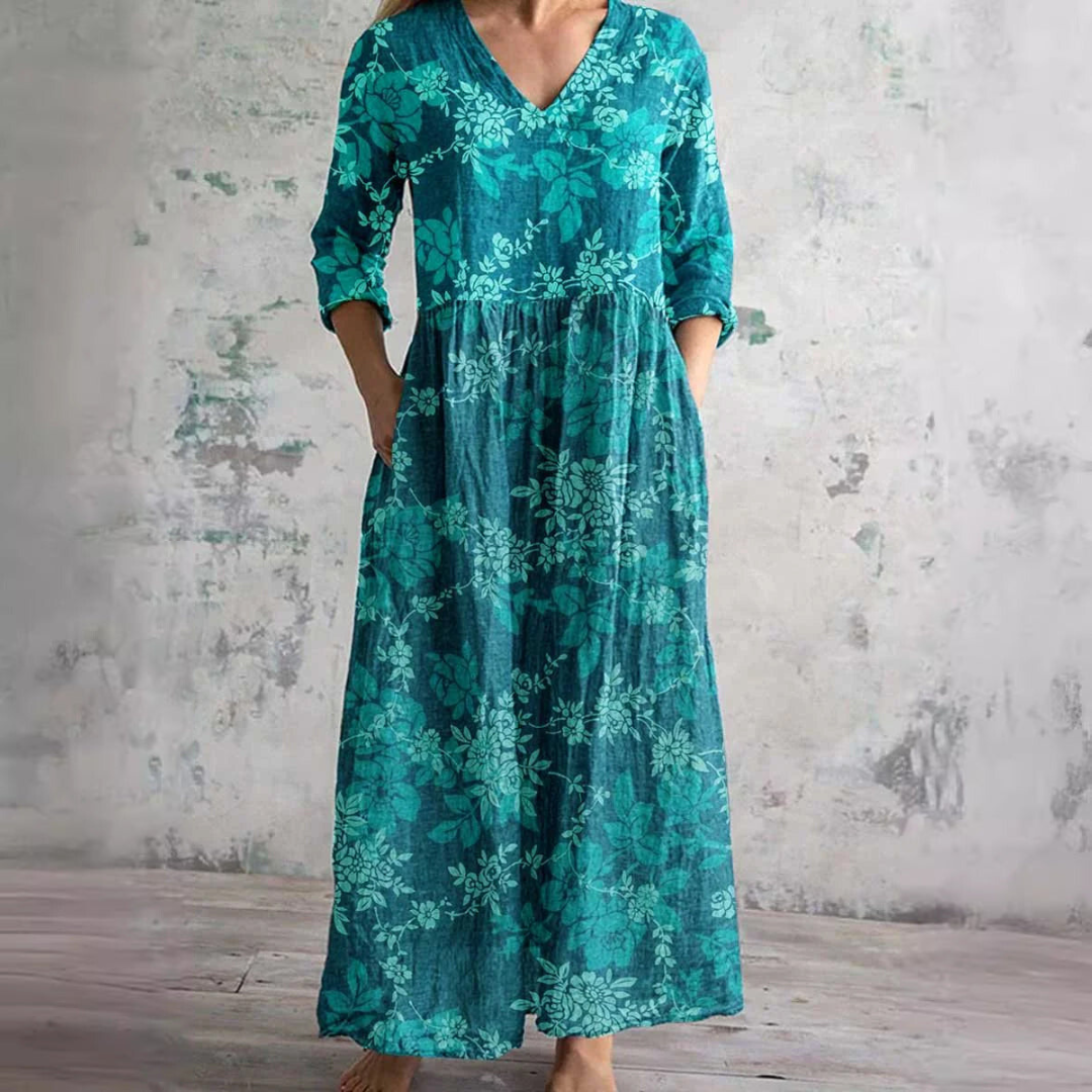 Willa Robe Longue Femme – Elegant blomsterkjole med V-hals og 3/4 ærmer