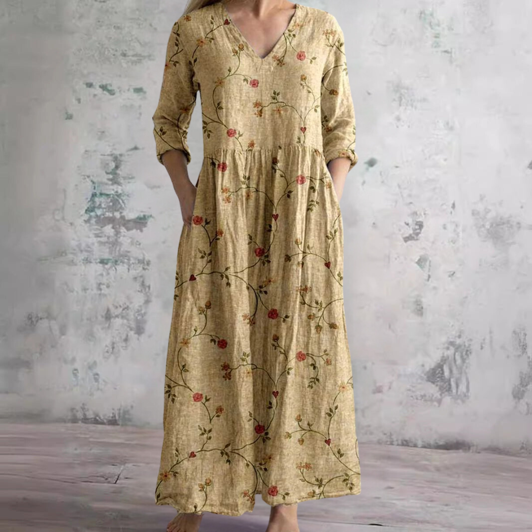 Willa Robe Longue Femme – Elegant blomsterkjole med V-hals og 3/4 ærmer