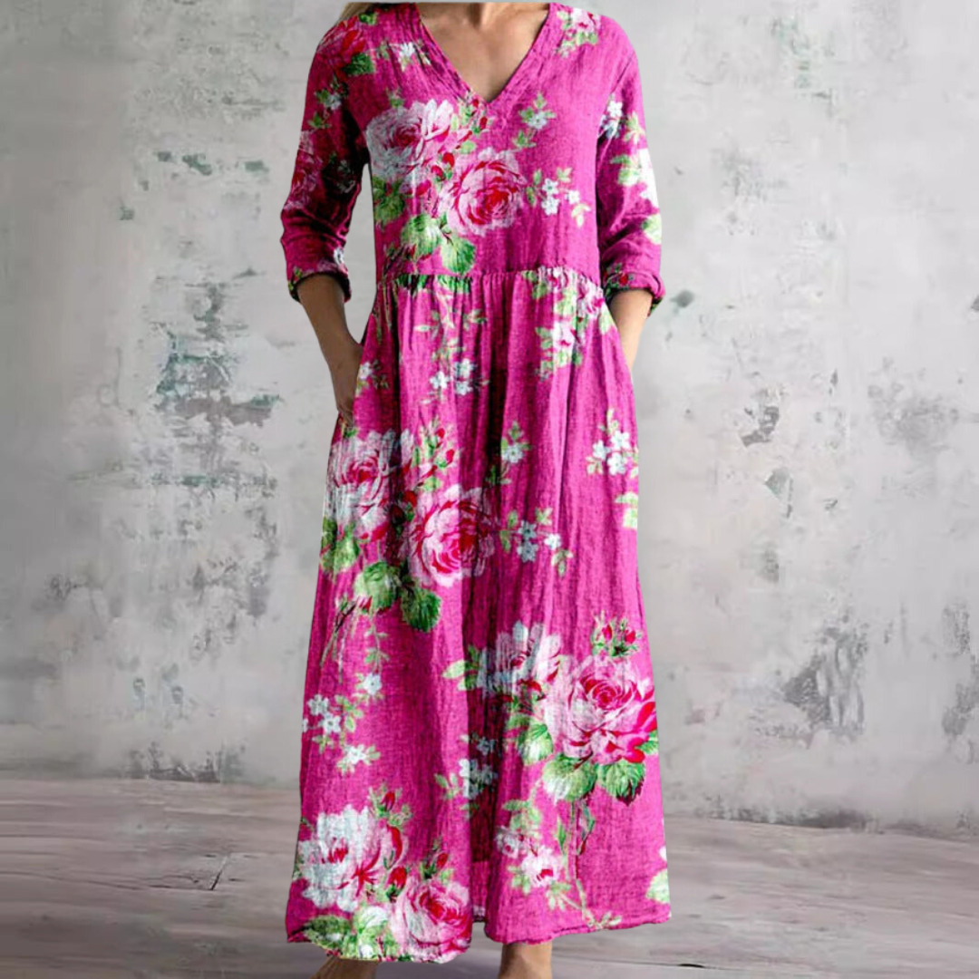 Willa Robe Longue Femme – Elegant blomsterkjole med V-hals og 3/4 ærmer