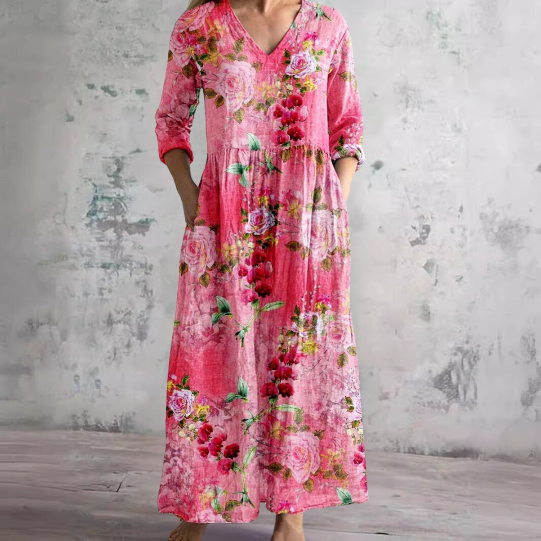 Willa Robe Longue Femme – Elegant blomsterkjole med V-hals og 3/4 ærmer