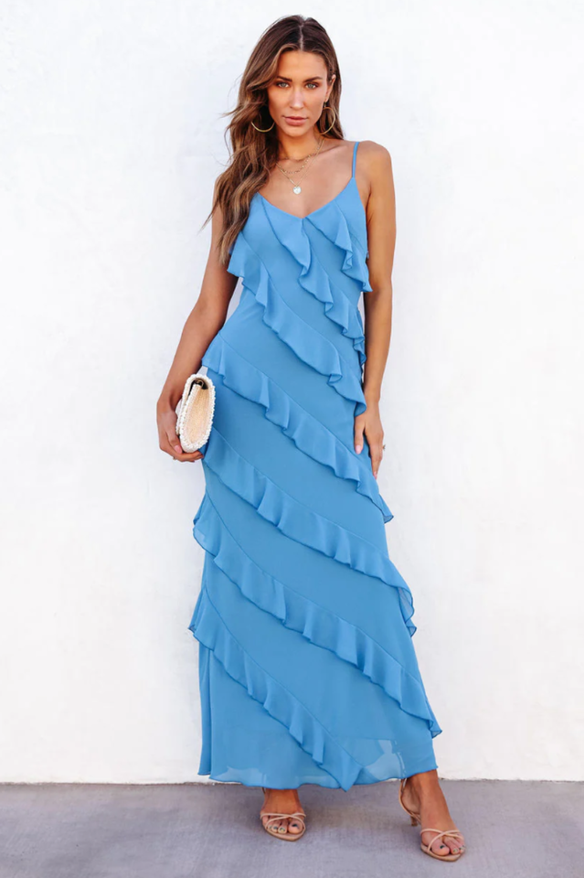Robe Longue Femme Ashtine – Leichtes Sommerkleid mit Volants und mehrlagigem Rock & Strandlook