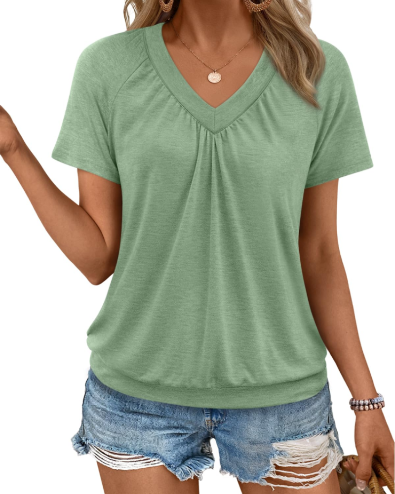 Top Rhea Mulher – T-shirt com Decote em V Plissado, Corte Fluido Elegante & Conforto de Verão