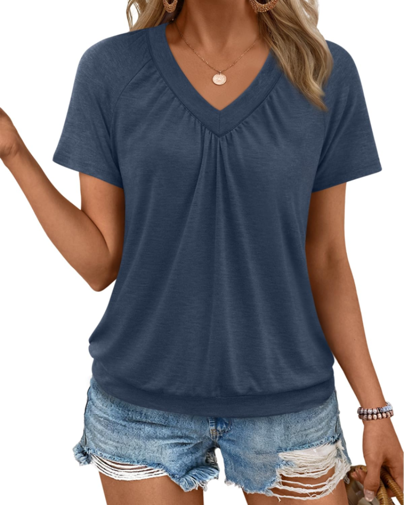 Top Rhea Mulher – T-shirt com Decote em V Plissado, Corte Fluido Elegante & Conforto de Verão