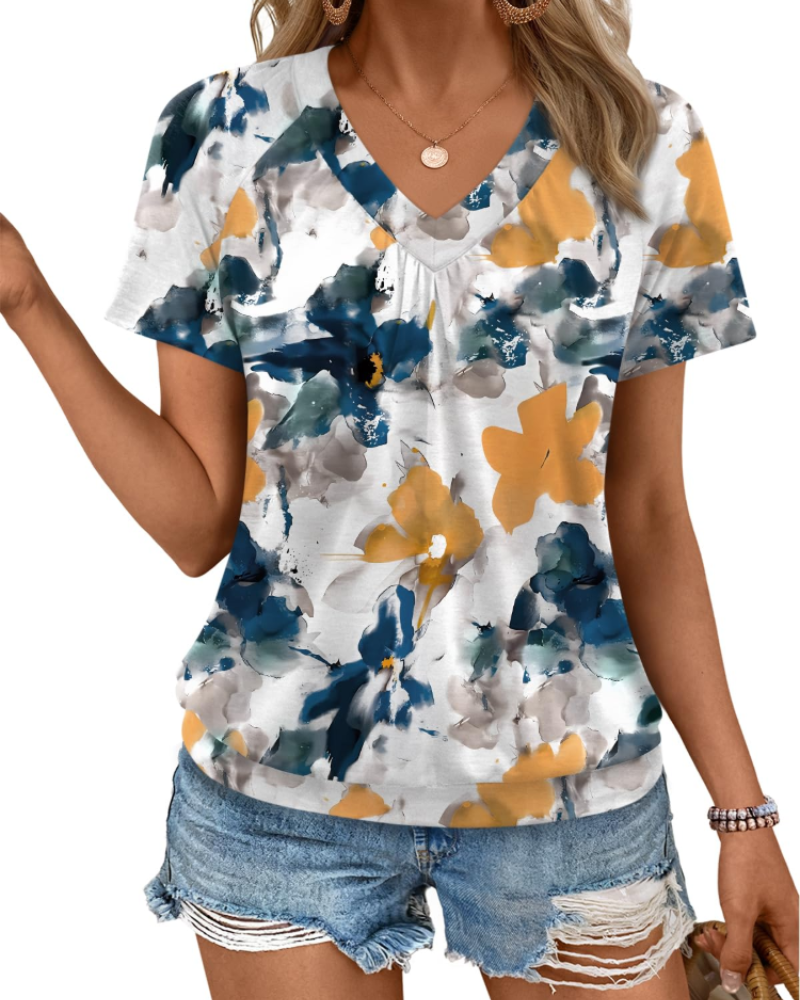 Top Rhea Mulher – T-shirt com Decote em V Plissado, Corte Fluido Elegante & Conforto de Verão