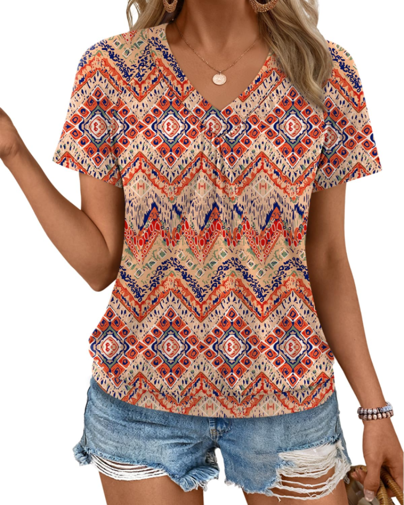 Top Rhea Mulher – T-shirt com Decote em V Plissado, Corte Fluido Elegante & Conforto de Verão