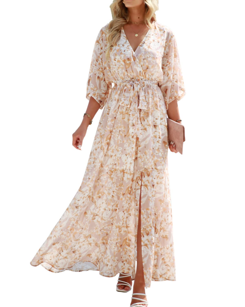 Vestito Maxi Rodelyn Donna – Scollo a V Incrociato, Maniche 3/4 Kimono e Spacco Elegante Bohemien