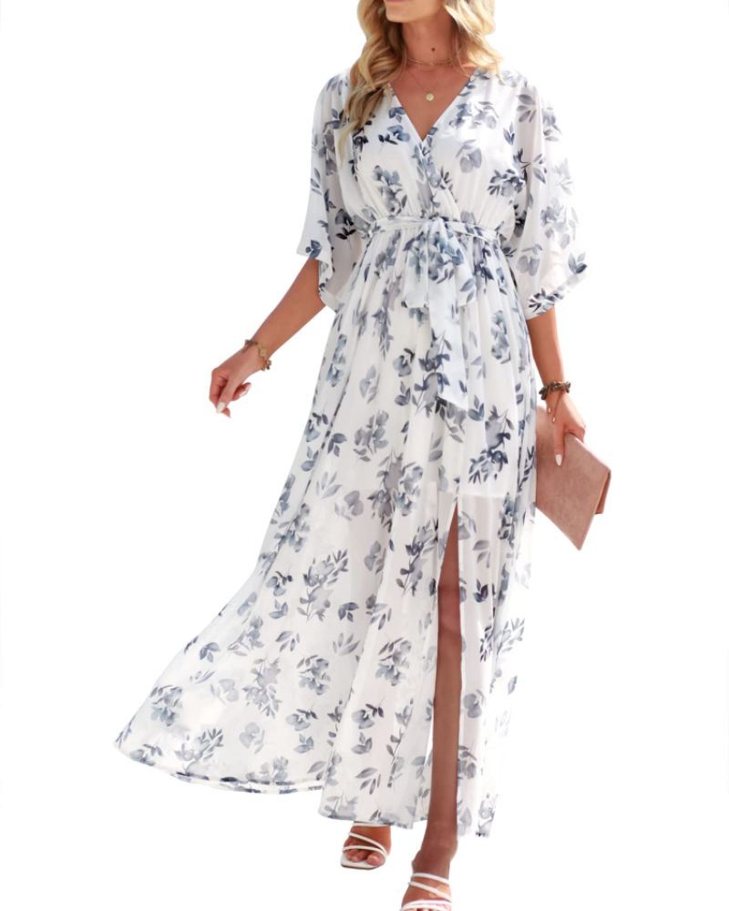 Vestito Maxi Rodelyn Donna – Scollo a V Incrociato, Maniche 3/4 Kimono e Spacco Elegante Bohemien
