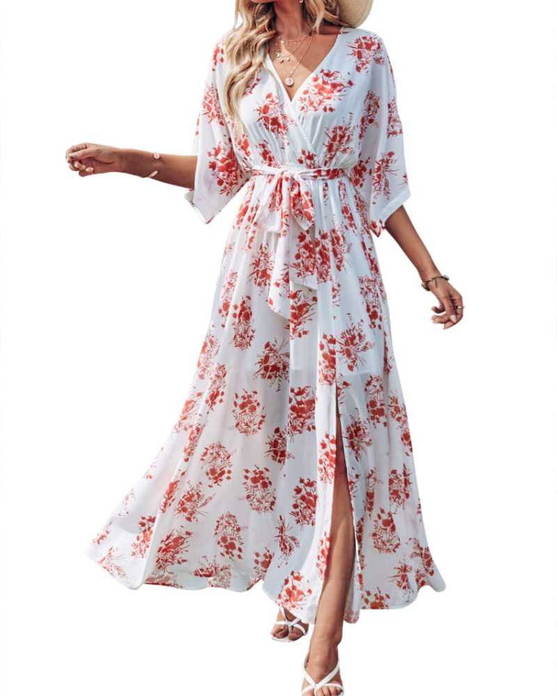 Vestito Maxi Rodelyn Donna – Scollo a V Incrociato, Maniche 3/4 Kimono e Spacco Elegante Bohemien