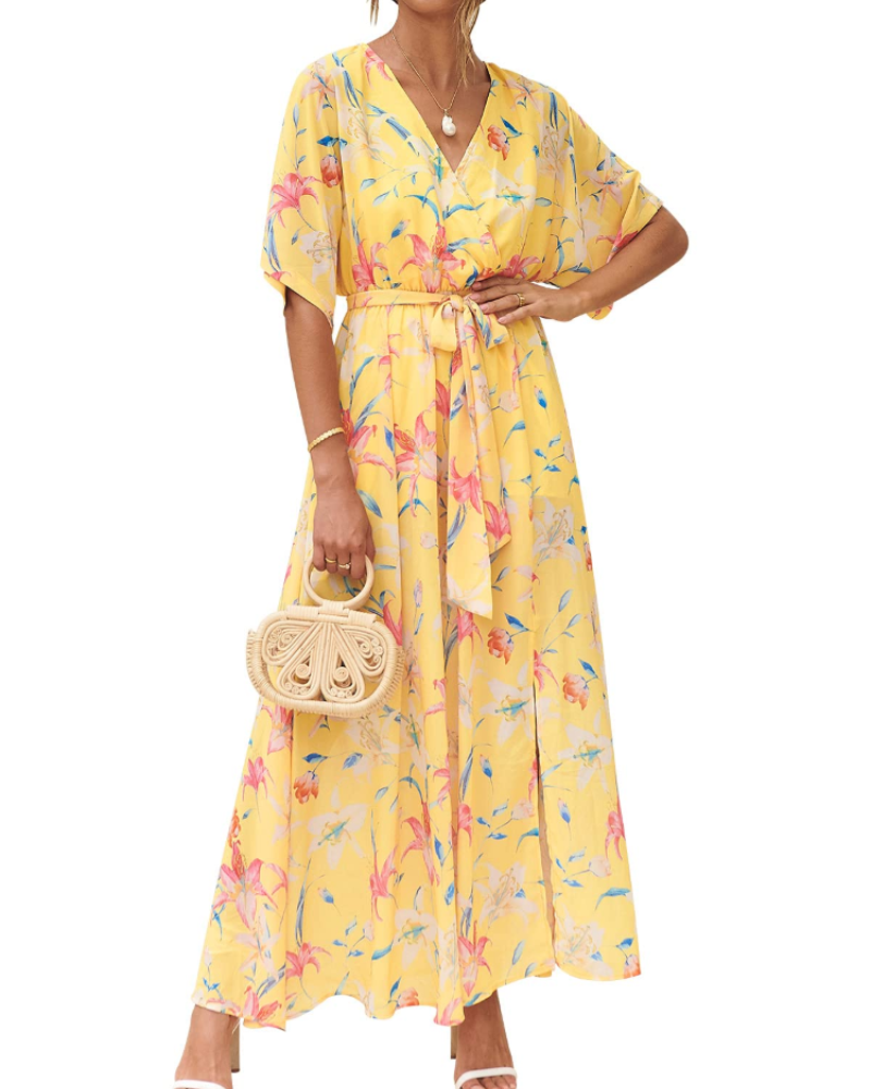 Vestito Maxi Rodelyn Donna – Scollo a V Incrociato, Maniche 3/4 Kimono e Spacco Elegante Bohemien