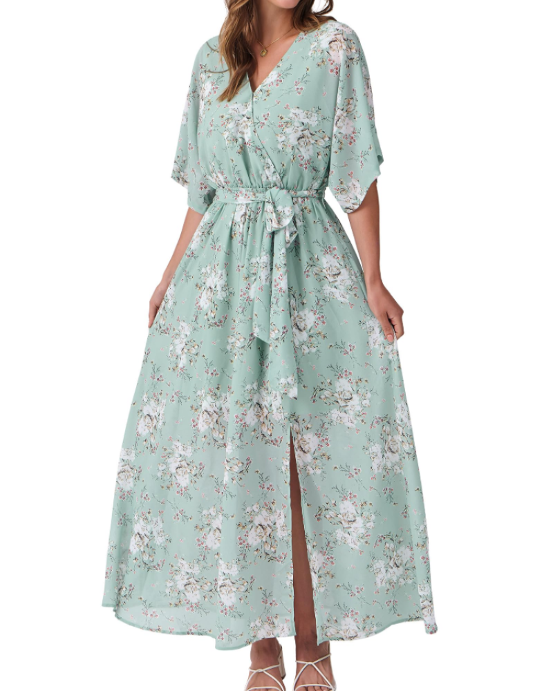 Vestito Maxi Rodelyn Donna – Scollo a V Incrociato, Maniche 3/4 Kimono e Spacco Elegante Bohemien