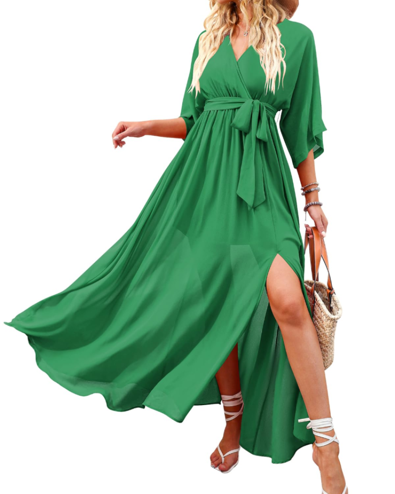Vestito Maxi Rodelyn Donna – Scollo a V Incrociato, Maniche 3/4 Kimono e Spacco Elegante Bohemien