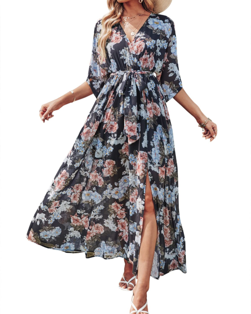 Vestito Maxi Rodelyn Donna – Scollo a V Incrociato, Maniche 3/4 Kimono e Spacco Elegante Bohemien