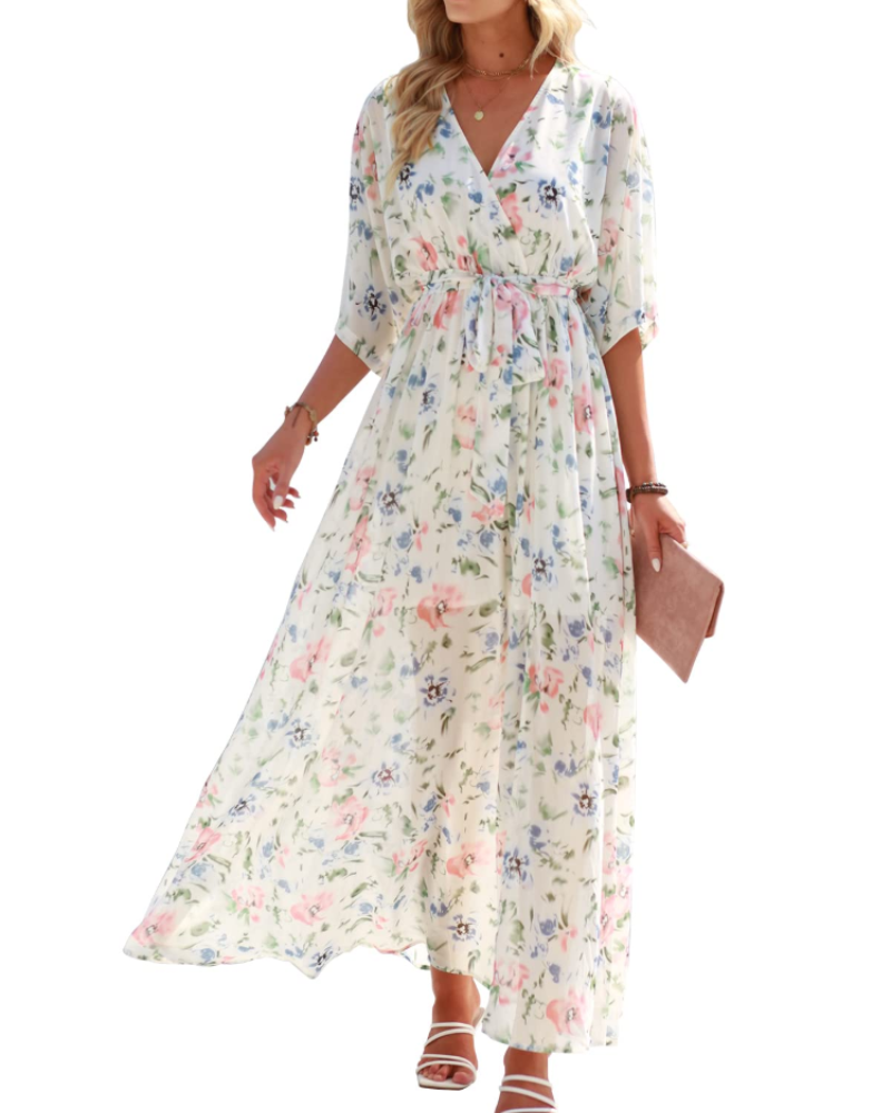 Vestito Maxi Rodelyn Donna – Scollo a V Incrociato, Maniche 3/4 Kimono e Spacco Elegante Bohemien