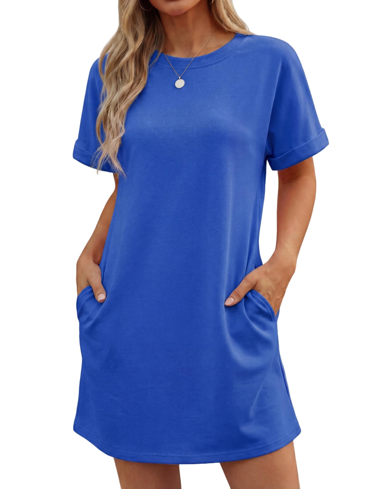 Vestido Lewina para mujer – Cuello redondo, mangas cortas, corte línea A mini y bolsillos, color liso verano