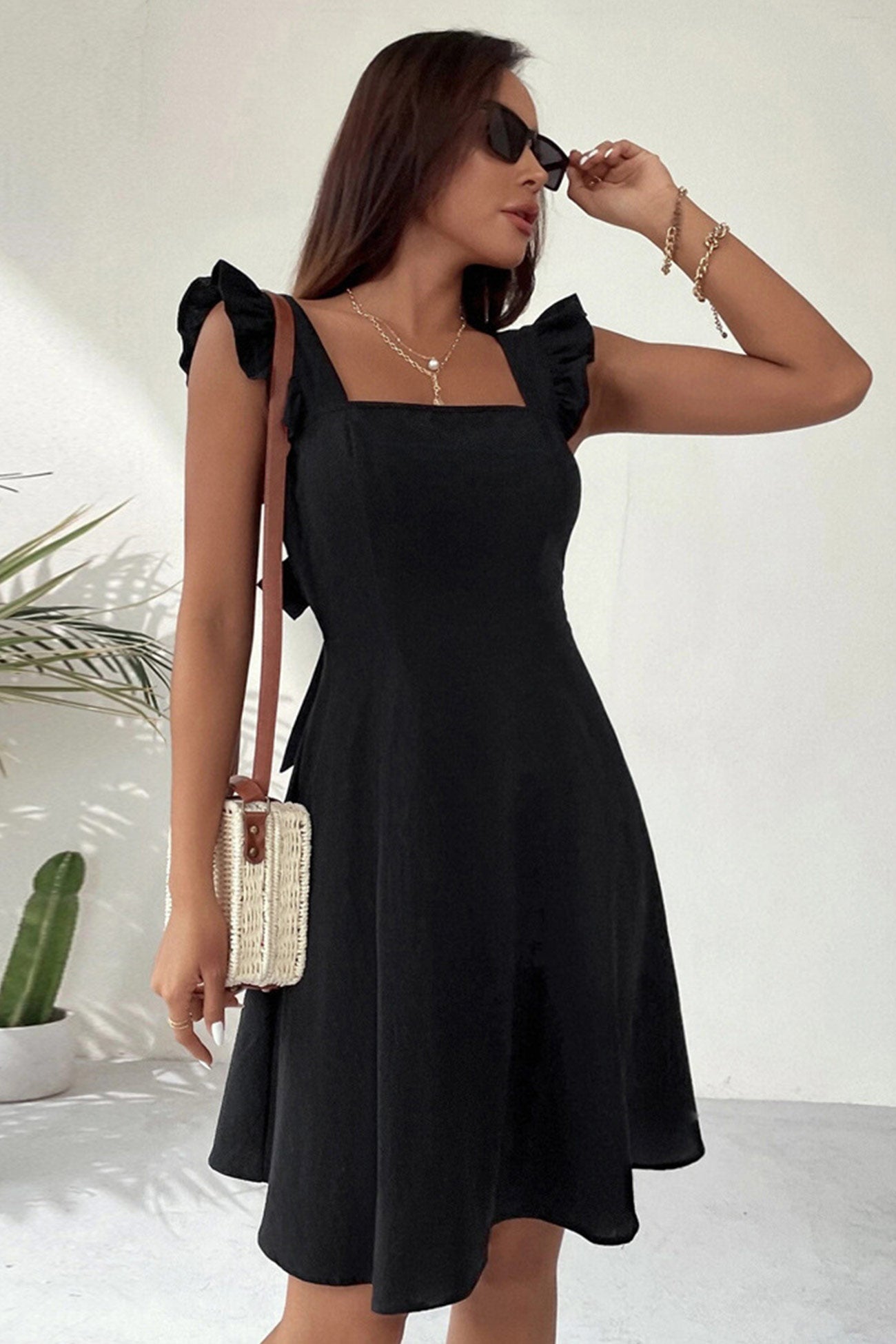 Addison Robe d'Été Femme – Robe Mini Sans Manches avec Encolure Carrée, Volants & Dos Nu