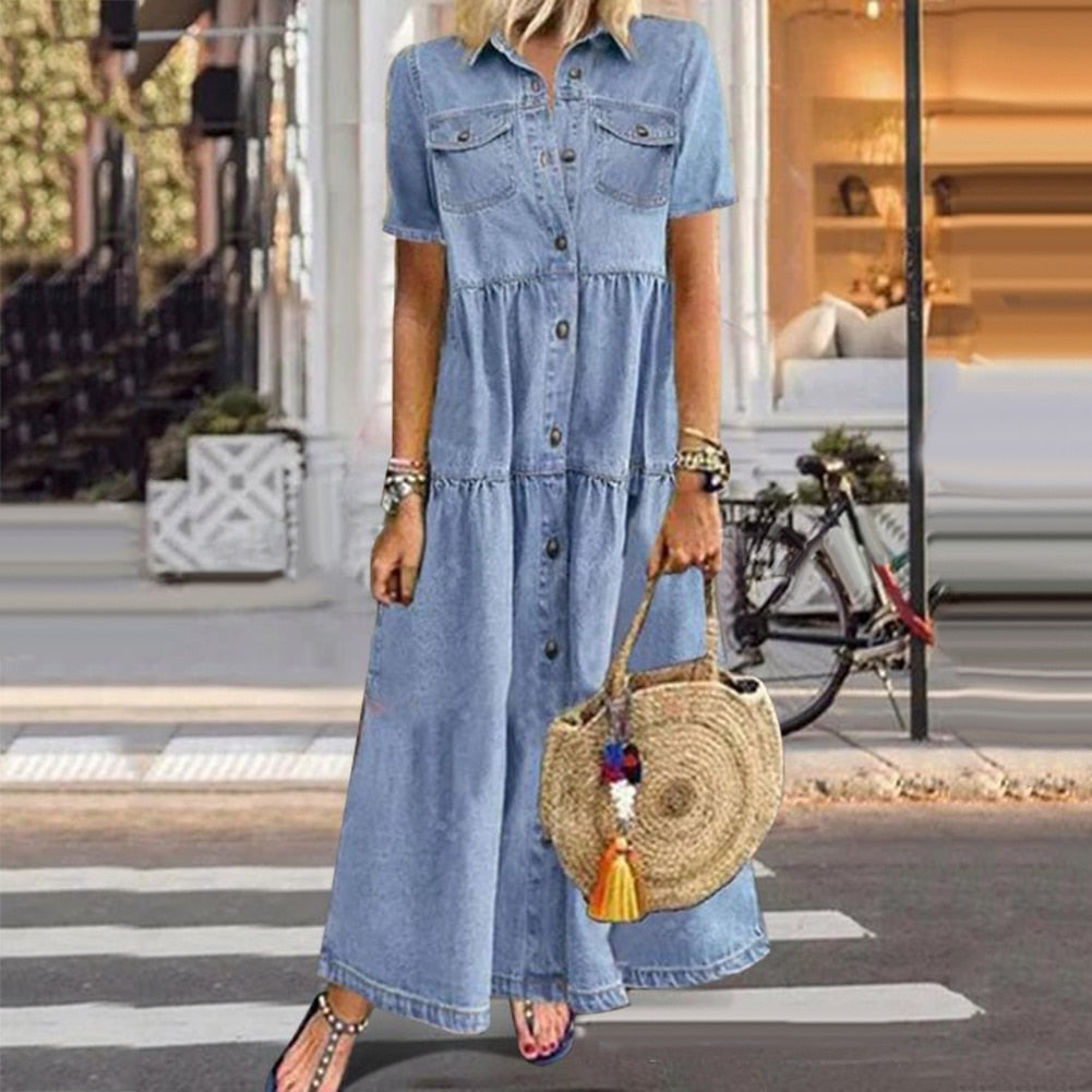 Robe en Jean Femme Rebecca – Bequemer Denim-Kleid mit Volants, figurformendem Effekt & luxuriösem Look