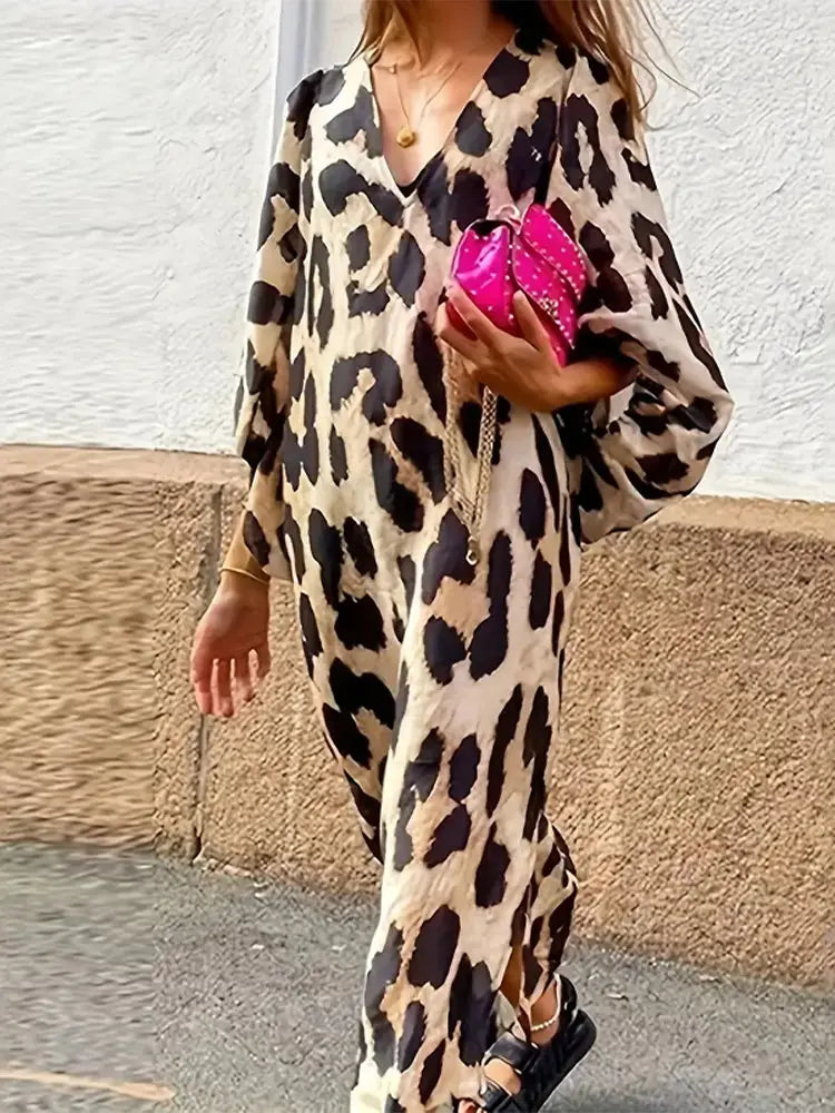 Amora haljina srednje duljine za žene – lagana haljina s uzorkom leoparda, s rukavima tri četvrtine i širokim krojem za sve prilike