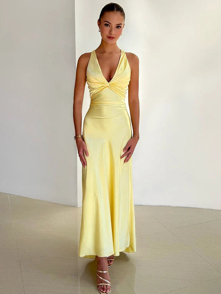 Gina Robe de Soirée Femme – Robe Longue Satinée à Col Halter Élégant et Sans Manches