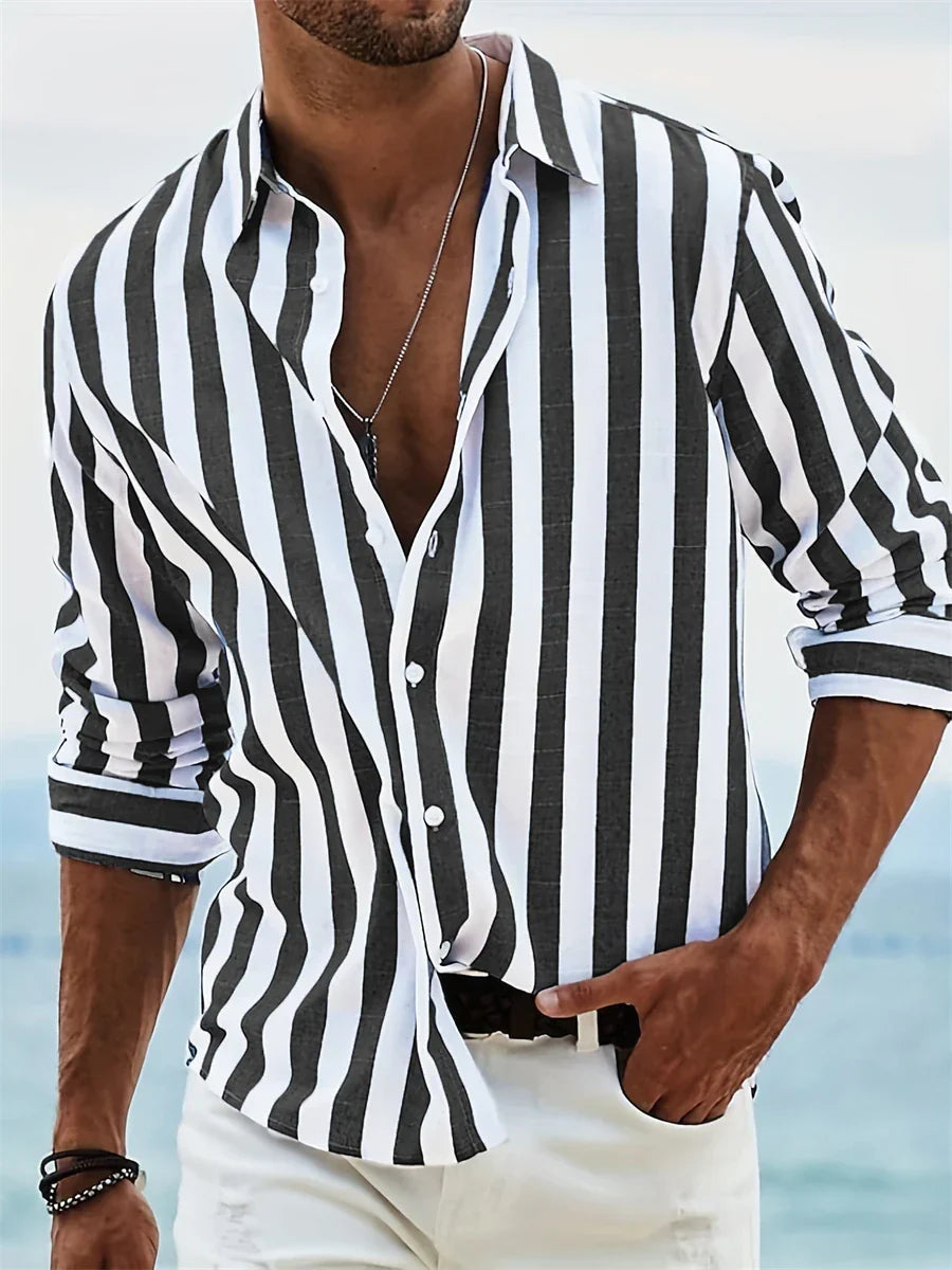 James Chemise d’Été Homme – Chemise Rayée Bleu Clair en Lin Mélangé avec Coton & Coupe Décontractée