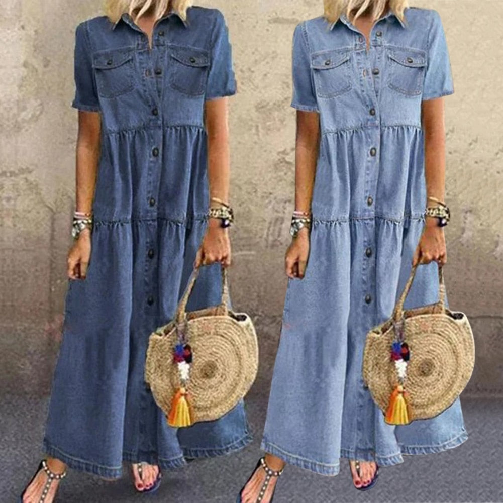 Robe en Jean Femme Rebecca – Bequemer Denim-Kleid mit Volants, figurformendem Effekt & luxuriösem Look