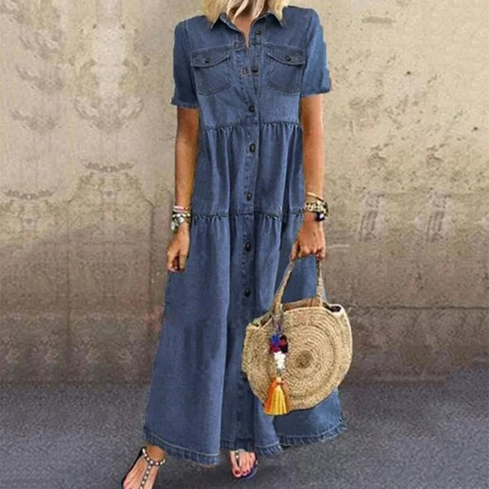 Robe en Jean Femme Rebecca – Bequemer Denim-Kleid mit Volants, figurformendem Effekt & luxuriösem Look