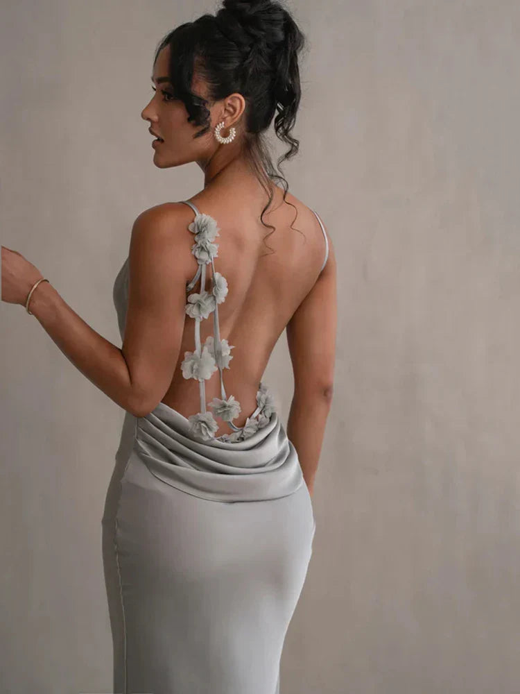 Marie večernja haljina za žene - duga od satena, ovratnik poput zastave, tanke naramenice - elegantna i uska haljina za svečane prilike