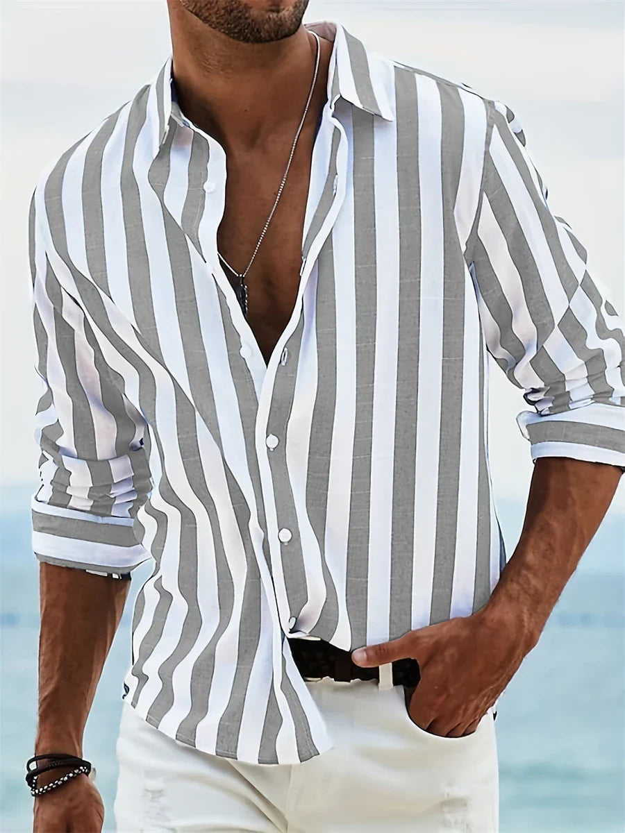 James Chemise d’Été Homme – Chemise Rayée Bleu Clair en Lin Mélangé avec Coton & Coupe Décontractée