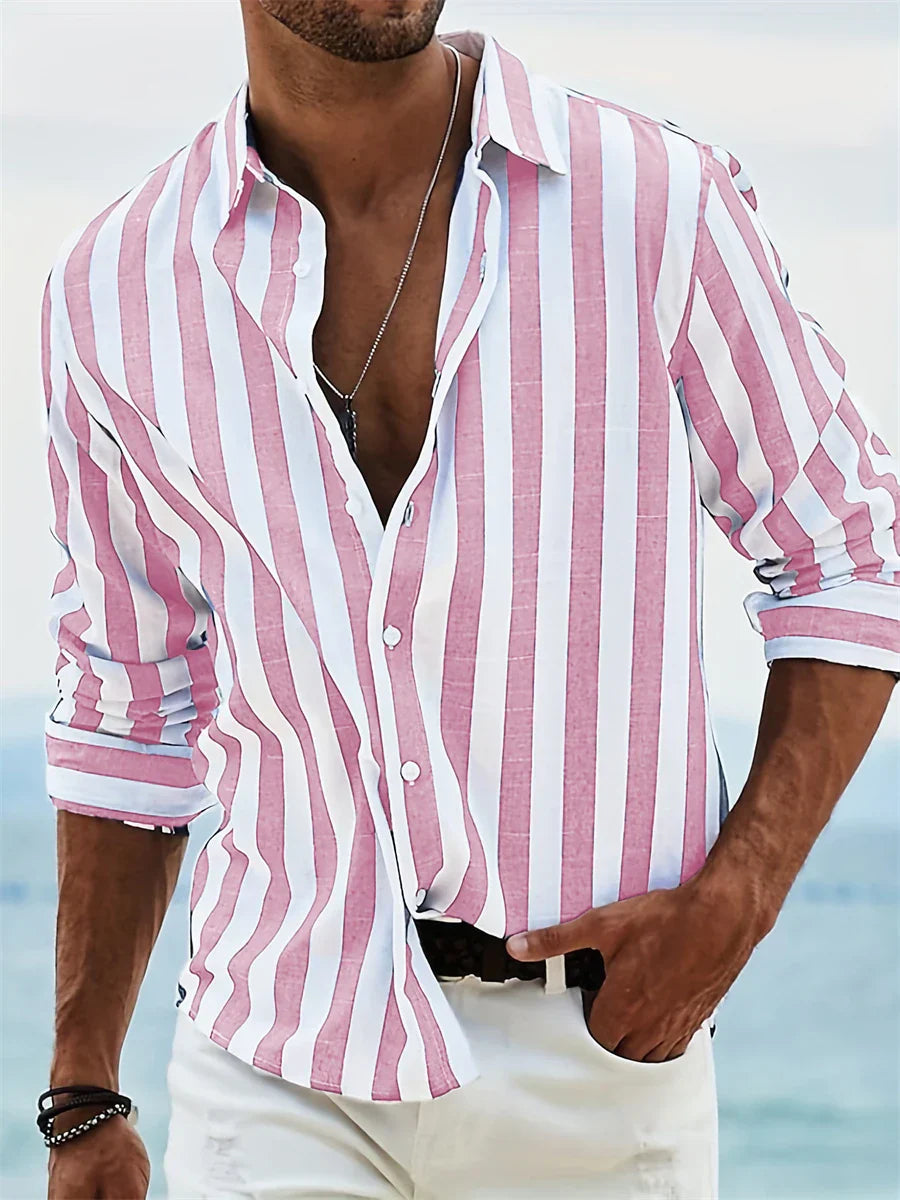 James Chemise d’Été Homme – Chemise Rayée Bleu Clair en Lin Mélangé avec Coton & Coupe Décontractée