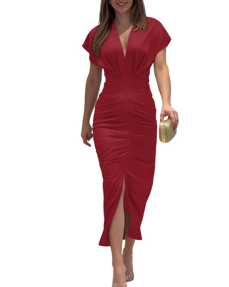 Women's Chinee Robe – Deep V Neck, Ruched Bodycon Midi Cut & Elegant Slit