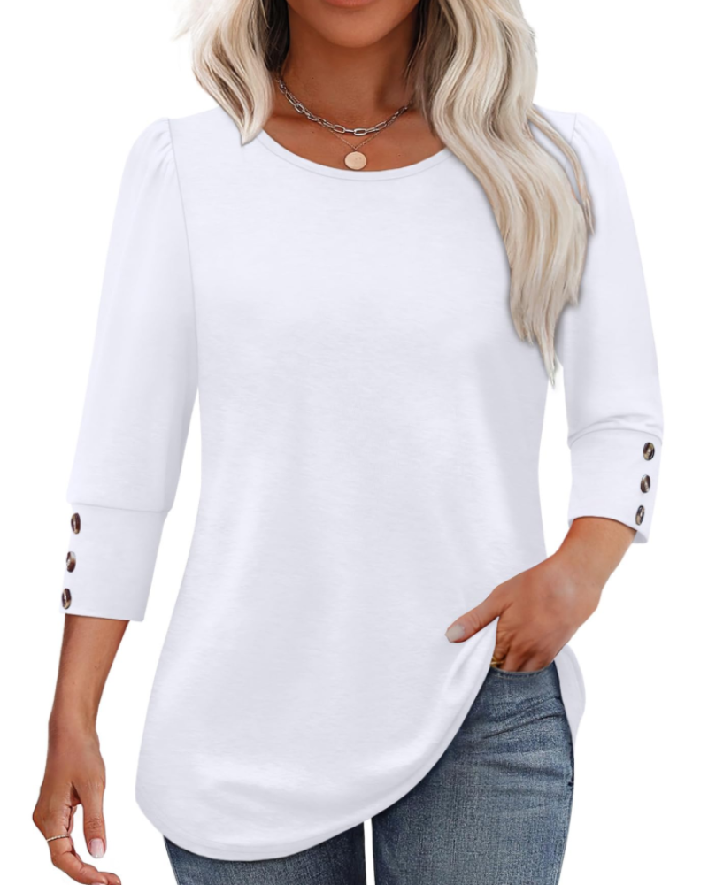 Veda Blouse Femme – Top Col V Manches 3/4 Bouffantes & Poignets Smockés Chic