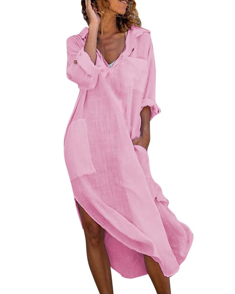Lindy Damen-Nachthemd – Lange Knopfleiste aus Baumwoll-Leinen mit verstellbarer Taille, elegant & lässig