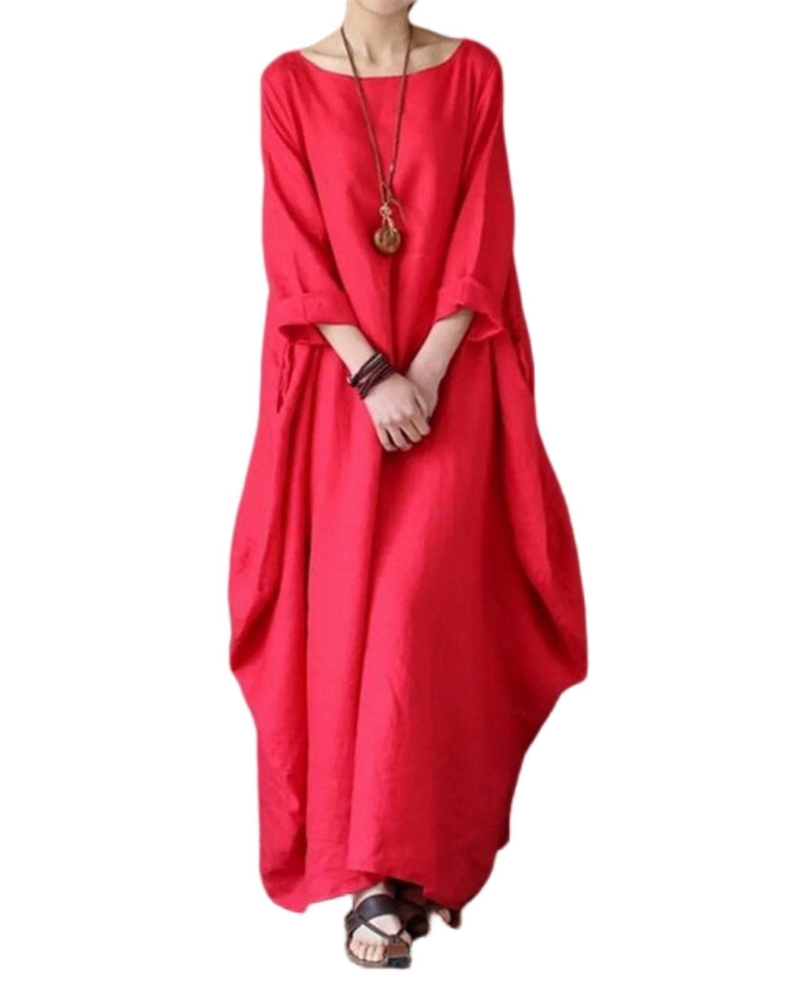 Vestido Longo Sandy para Mulher – Vestido Maxi em Algodão-Linho Corte Amplo Gola Redonda Mangas 3/4 Elegante