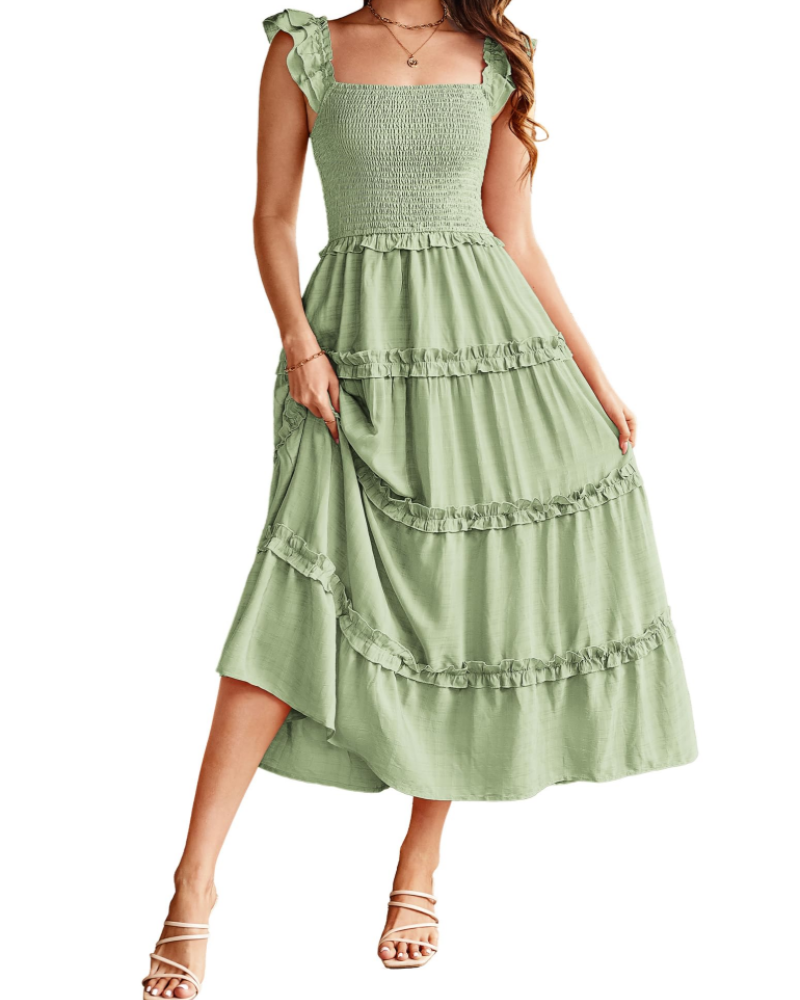 Bea Robe Maxi Femme – Robe A-Line Taille Smockée, Fente & Poches Élégante