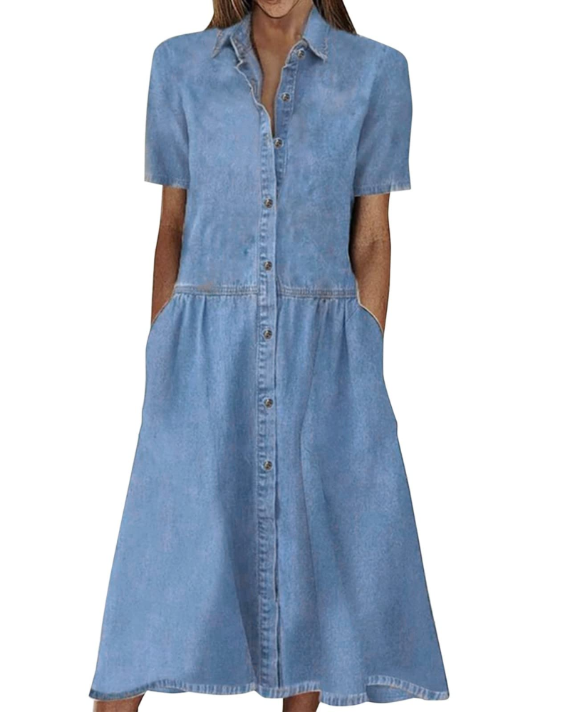 Vestido Monette para Mujer – Vestido Denim Midi Abotonado con Cuello de Camisa y Bolsillos Casual Chic
