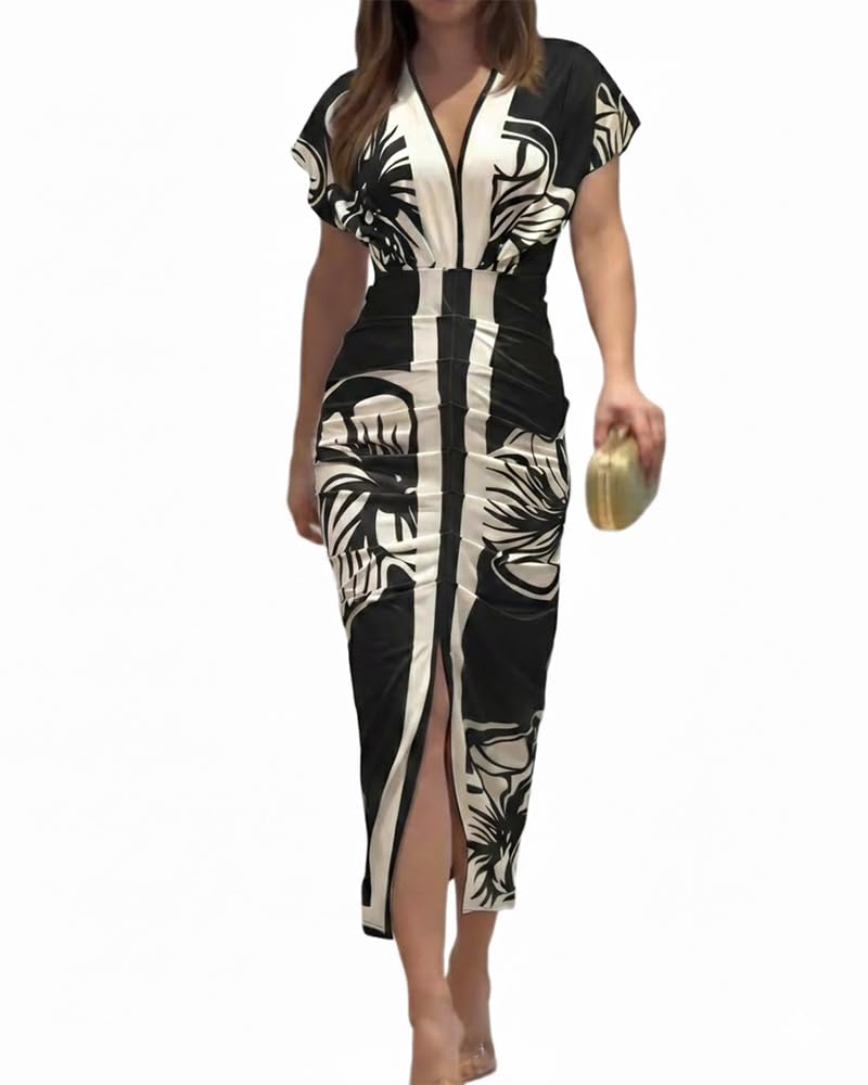 Women's Chinee Robe – Deep V Neck, Ruched Bodycon Midi Cut & Elegant Slit