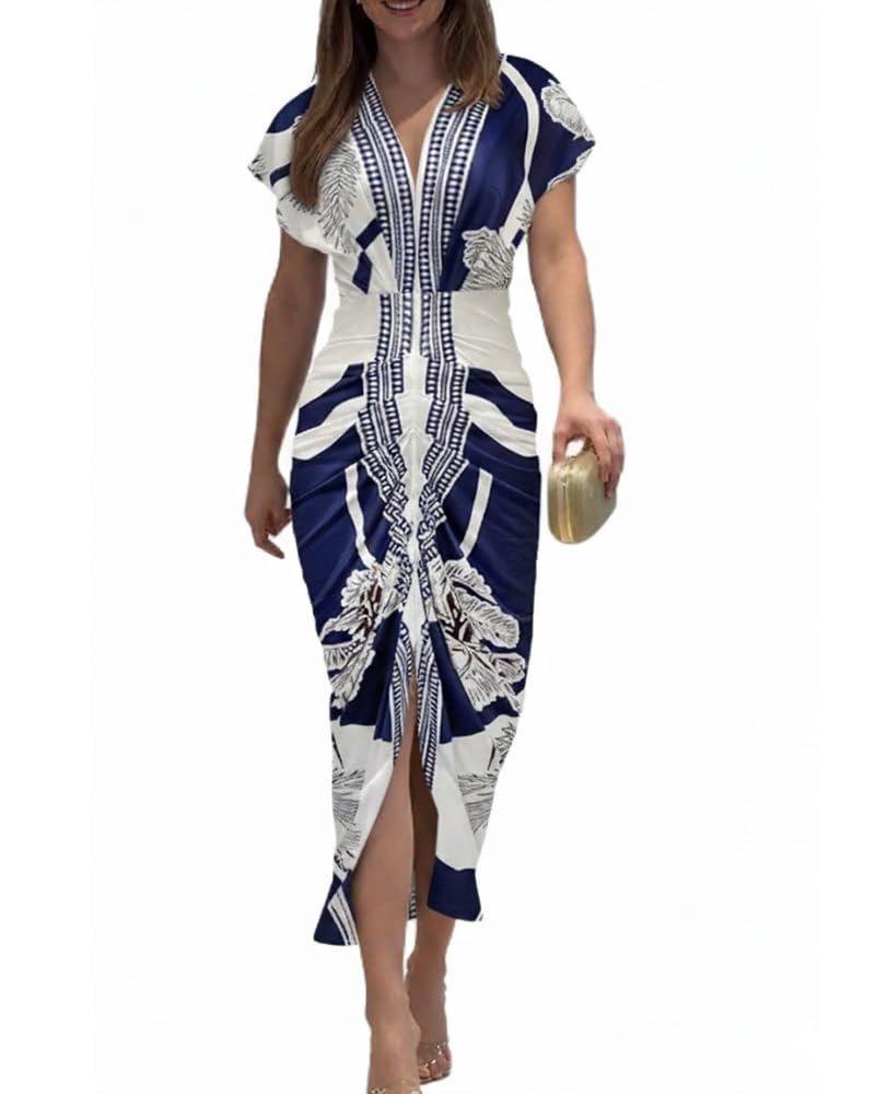 Women's Chinee Robe – Deep V Neck, Ruched Bodycon Midi Cut & Elegant Slit