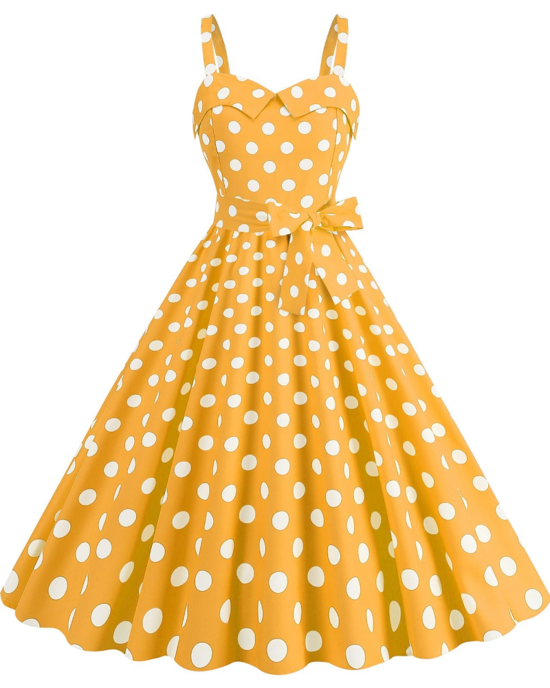 Сукня Rosie Robe Femme – вінтажна міді-сукня в горошок з V-подібним вирізом, без рукавів, з високою талією, у стилі рокабілі шик