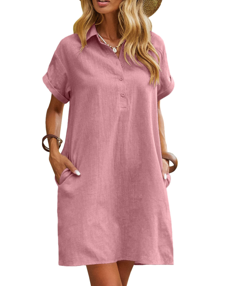 Sukienka Raine Chemise Damska – Sukienka z Lnu i Bawełny, Midi, z Guzikami, Dekolt V, Kieszenie, Casual Chic, Letnia