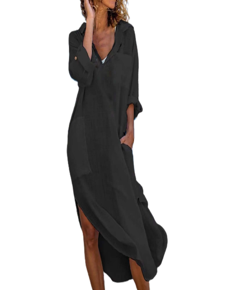 Lindy Damen-Nachthemd – Lange Knopfleiste aus Baumwoll-Leinen mit verstellbarer Taille, elegant & lässig