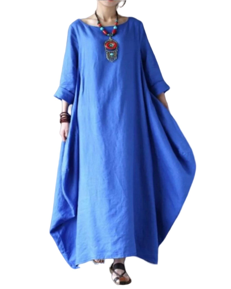 Vestido Longo Sandy para Mulher – Vestido Maxi em Algodão-Linho Corte Amplo Gola Redonda Mangas 3/4 Elegante