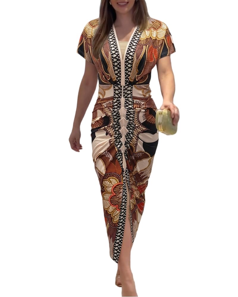 Women's Chinee Robe – Deep V Neck, Ruched Bodycon Midi Cut & Elegant Slit