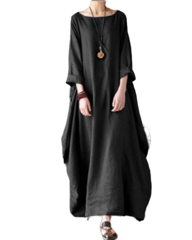 Vestido Longo Sandy para Mulher – Vestido Maxi em Algodão-Linho Corte Amplo Gola Redonda Mangas 3/4 Elegante