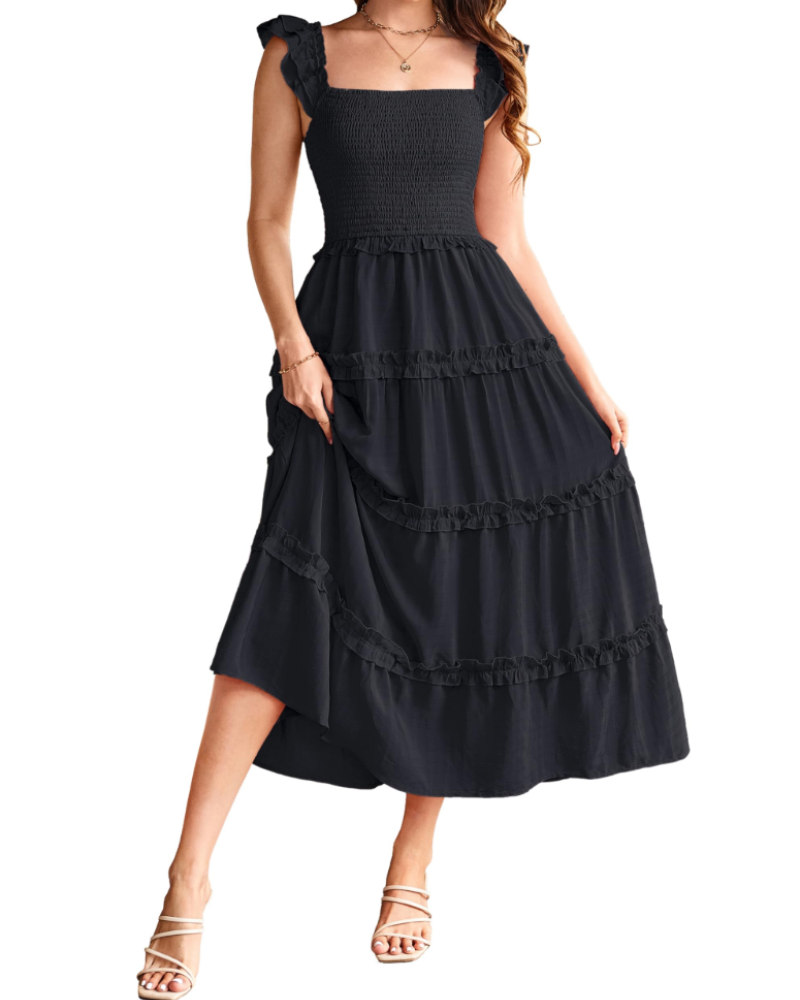 Bea Robe Maxi Femme – Robe A-Line Taille Smockée, Fente & Poches Élégante