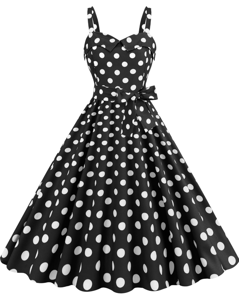 Сукня Rosie Robe Femme – вінтажна міді-сукня в горошок з V-подібним вирізом, без рукавів, з високою талією, у стилі рокабілі шик