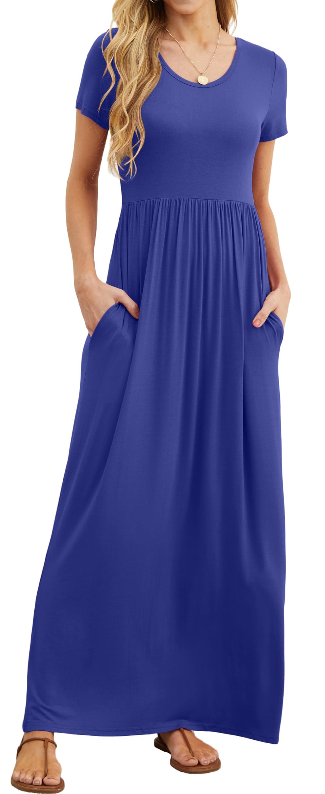 Bridget Maxikleid für Damen – Rundhalsausschnitt Uni, Fließender Schnitt & Hohe Taille mit Taschen Sommer