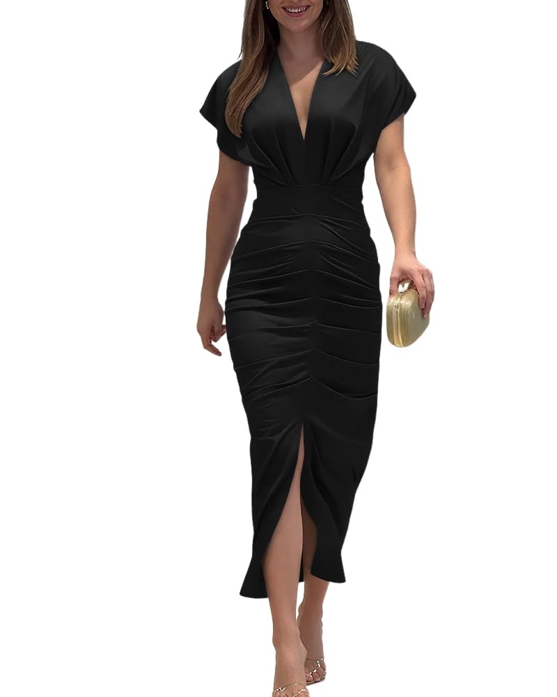 Women's Chinee Robe – Deep V Neck, Ruched Bodycon Midi Cut & Elegant Slit