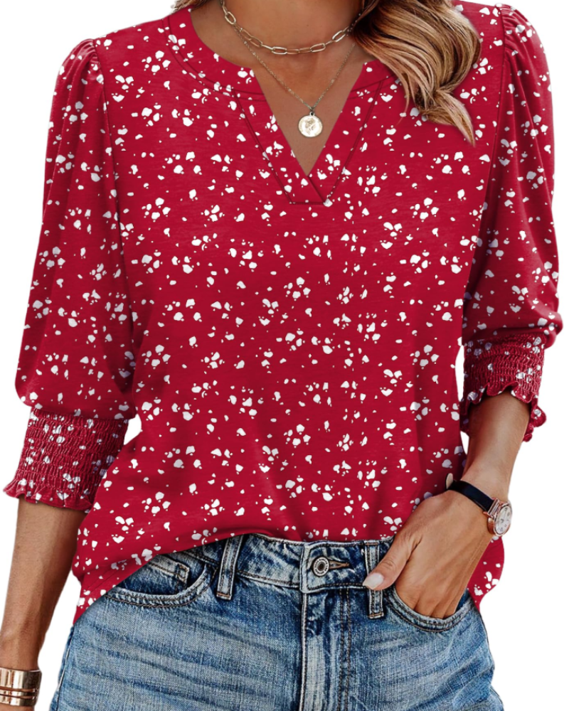 Veda Blouse Femme – Top Col V Manches 3/4 Bouffantes & Poignets Smockés Chic