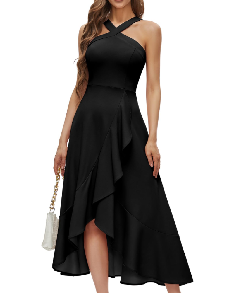 Sabrina Maxikjole for kvinner – Aftenkjole med halterneck, volanger, hi-low snitt og elegant stil